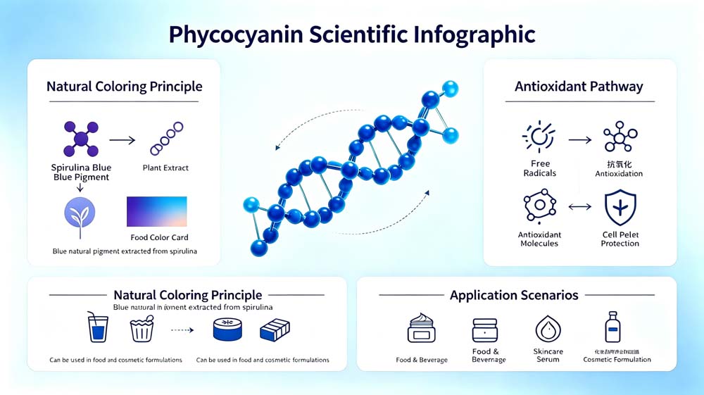 Phycocyanin structural characteristics, antioxidant function and food cosmetic application mechanism diagram