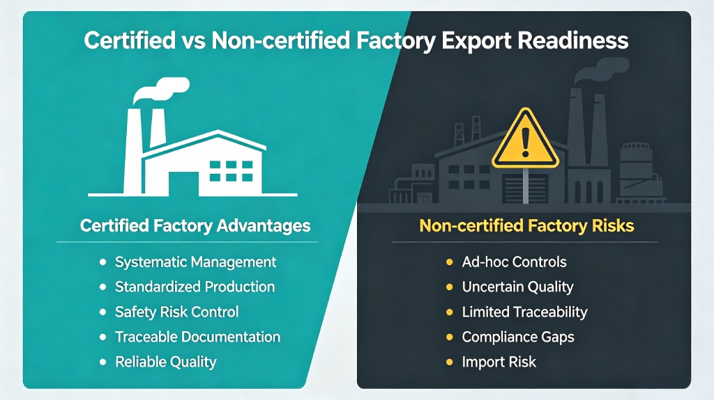 Compliance risk comparison between certified and non-certified plant extract export factories — Certified VS Non-Certified Factory Risk Comparison