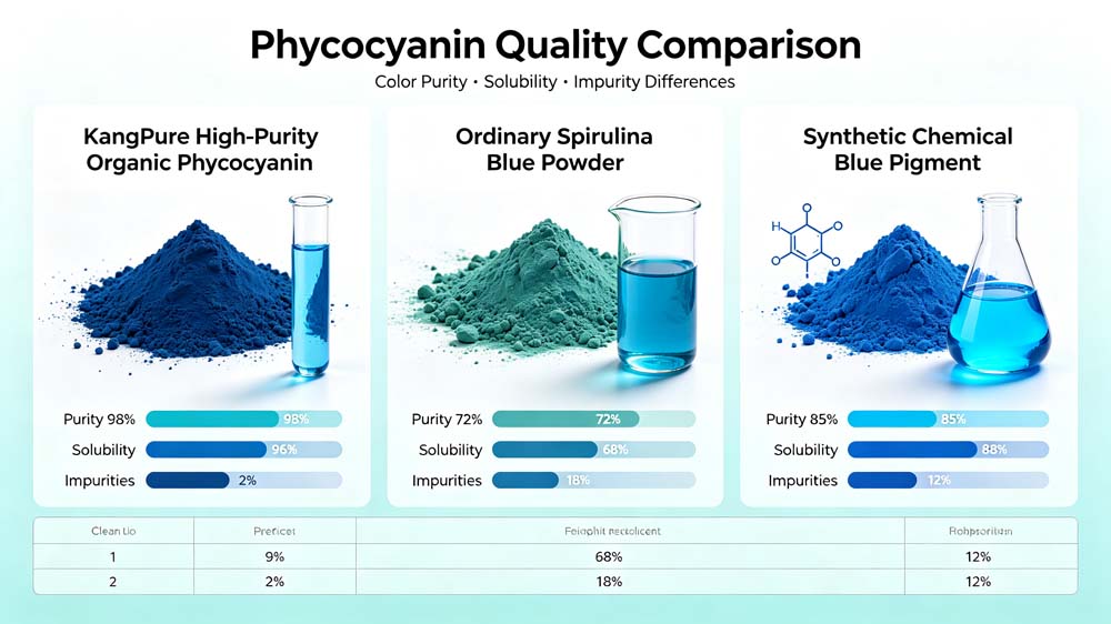 KangPure Organic Phycocyanin vs Ordinary Spirulina Powder & Synthetic Pigments Comparison